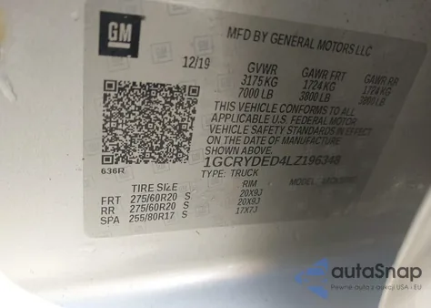 2020 Chevrolet Silverado 1500 4Wd Standard Bed Lt из США, поврежденный, VIN 1GCRYDED4LZ196348